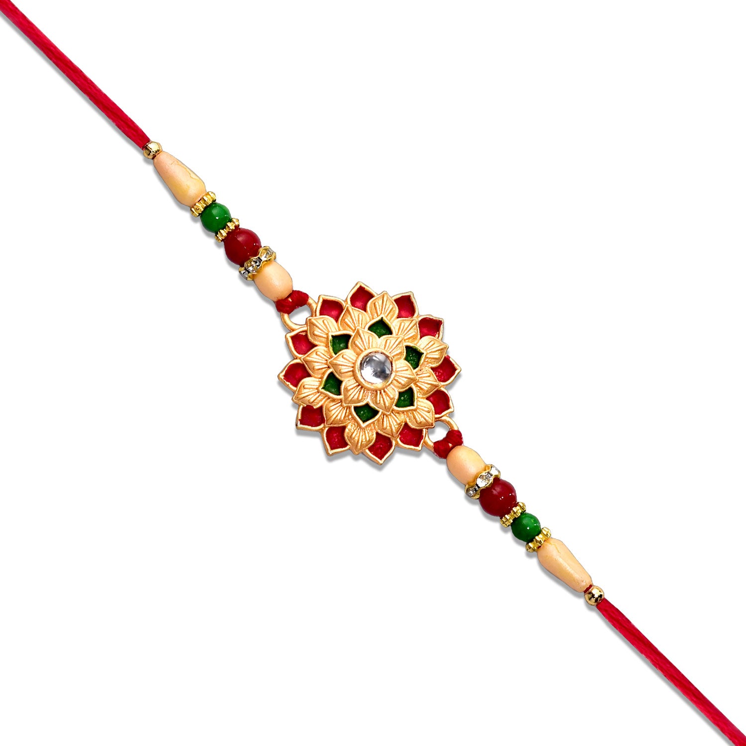 Designer Floral Rakhi With Beaded Strap  Red Green  Gold Accents Designer Floral Rakhi With Beaded Strap  Red Green  Gold Accents